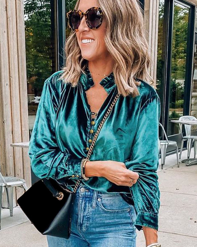 Red Frilled Buttoned V Neck Velvet Blouse