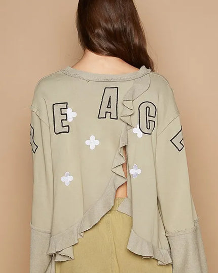 POL Peace Embroidered Exposed Seam Back Ruffle V-Neck Top - Sleekdenim.com