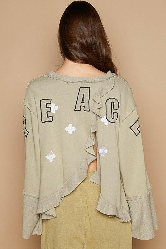 POL Peace Embroidered Exposed Seam Back Ruffle V-Neck Top | Sleekdenim.com