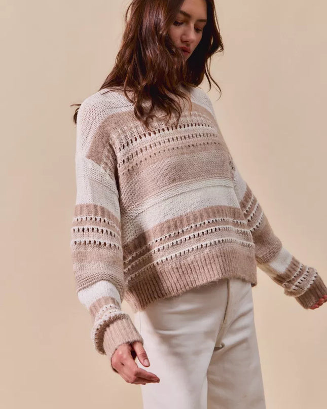 SO ME Variegated Stripe Textured Loose Fit Sweater - Sleekdenim.com