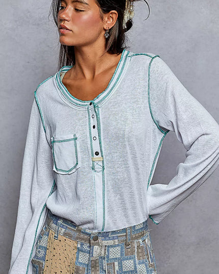 POL Round Neck Long Sleeve Top with Contrast Stitching - Sleekdenim.com