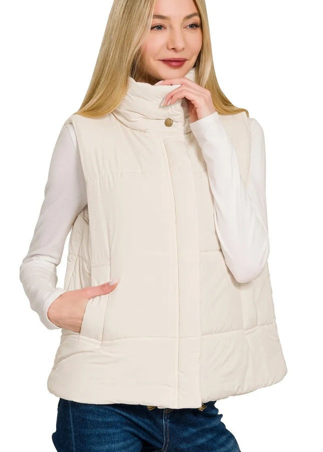 Zenana High Neck Zip-Up Vest Coat - Sleekdenim.com