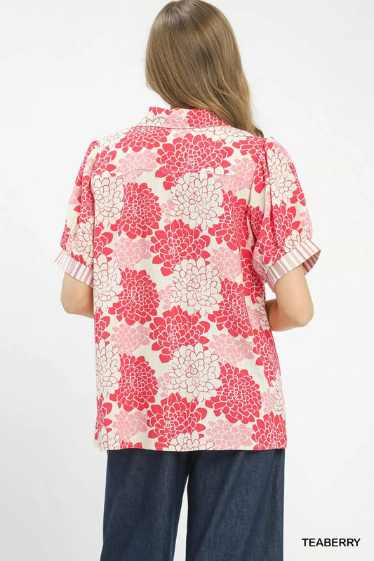 Umgee Floral Collared Short Sleeve Blouse - Image 3