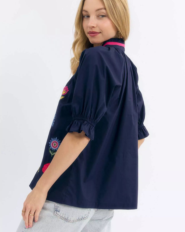 Umgee Embroidered Floral Top with Contrast Trim - Sleekdenim.com
