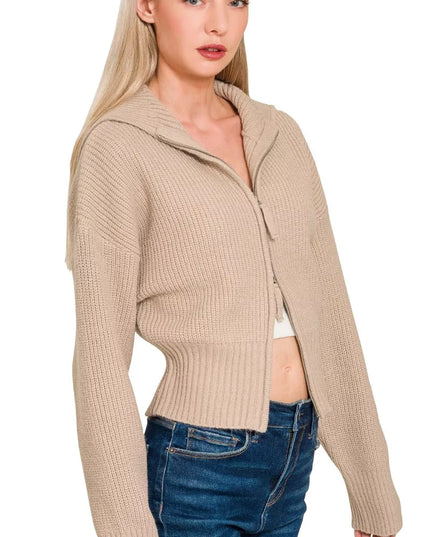 Zenana Ribbed Collared Zip Up Sweater Cardigan - Sleekdenim.com