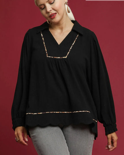 Umgee Full Size Linen Scallop Hem Blouse with Contrast Trim Plus Size - Sleekdenim.com