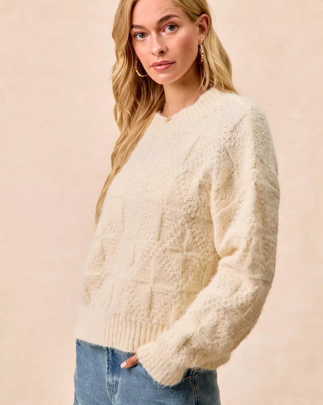 BiBi Checker Board Drop Shoulder Sweater - Sleekdenim.com