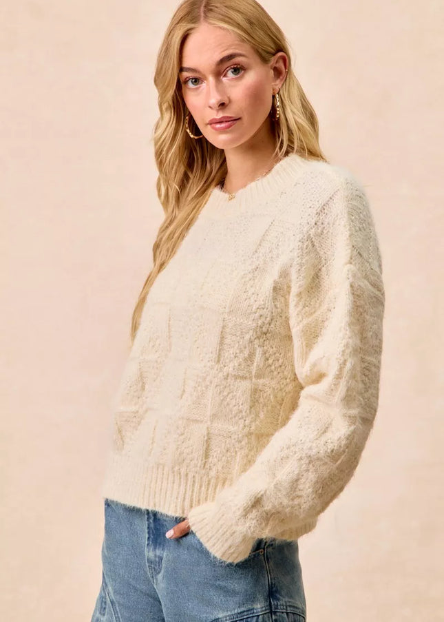 BiBi Checker Board Drop Shoulder Sweater - Sleekdenim.com