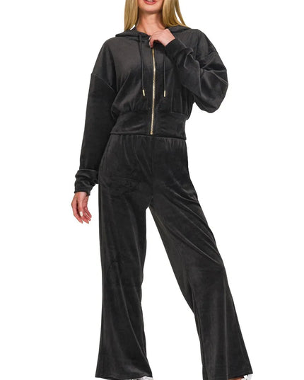 Zenana Velvet Zip Up Hoodie and Pants Set - Sleekdenim.com