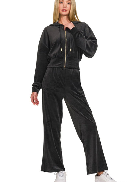Zenana Velvet Zip Up Hoodie and Pants Set - Sleekdenim.com