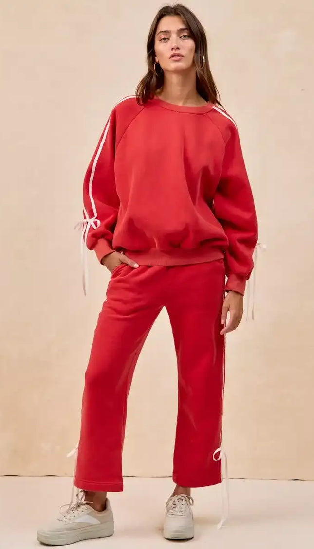 BiBi Side Lined Bow Details Fleece Sweatpants - VALENTINE'S DAY - Sleekdenim.com