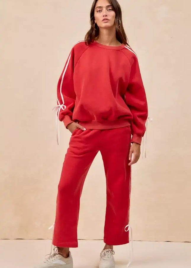BiBi Side Lined Bow Details Fleece Sweatpants - VALENTINE'S DAY - Sleekdenim.com