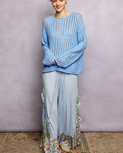 POL Openwork Round Neck Knit Top with Shiny Detail - Sleekdenim.com