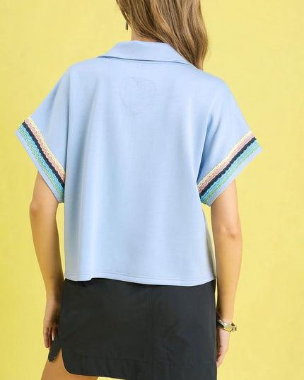 Umgee Contrast Trim Half Zip Collared Blouse - Sleekdenim.com