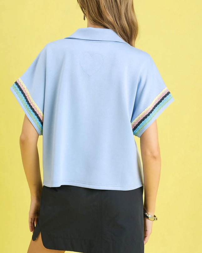 Umgee Contrast Trim Half Zip Collared Blouse - Sleekdenim.com