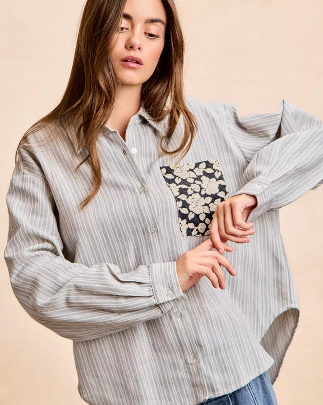 BiBi Flower Jacquard Knit Patch Pocket Stripe Shirt - Sleekdenim.com