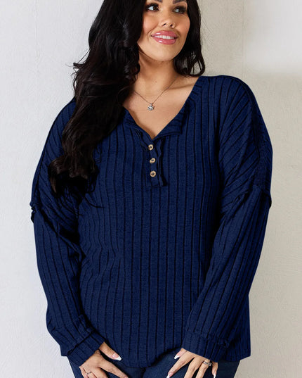 Basic Bae Full Size Ribbed Half Button Long Sleeve T-Shirt - Sleekdenim.com