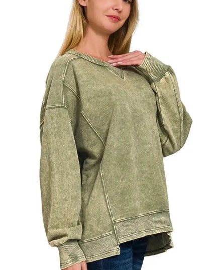 Zenana French Terry Acid Wash Pullover - Sleekdenim.com