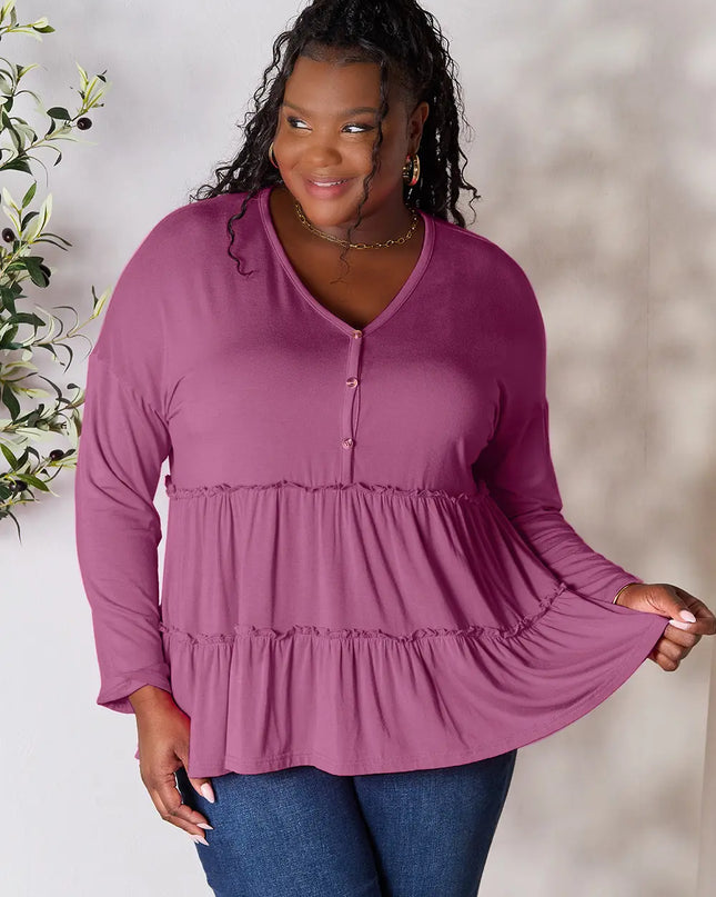 Double Take Half Button Long Sleeve Ruffle Hem Blouse - Sleekdenim.com