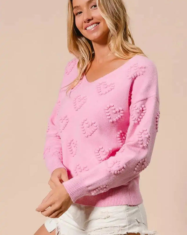 BiBi Valentines Heart Pompom V Neck Knit Top - Sleekdenim.com