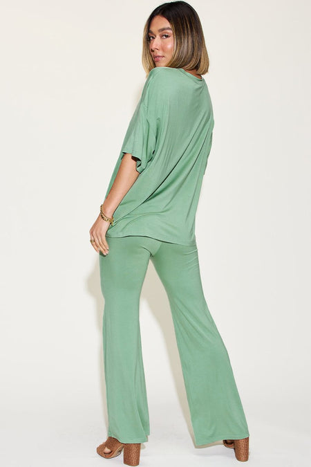 Basic Bae Full Size Bamboo Drop Shoulder T-Shirt and Flare Pants Set - Sleekdenim.com