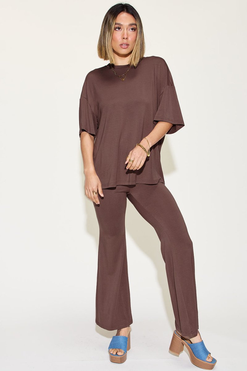 Basic Bae Full Size Bamboo Drop Shoulder T-Shirt and Flare Pants Set - Sleekdenim.com