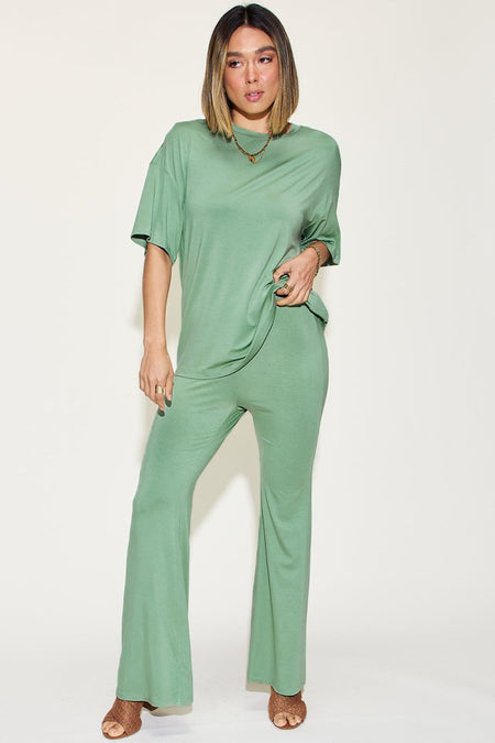 Basic Bae Full Size Bamboo Drop Shoulder T-Shirt and Flare Pants Set - Sleekdenim.com