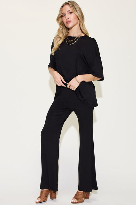 Basic Bae Full Size Bamboo Drop Shoulder T-Shirt and Flare Pants Set - Sleekdenim.com