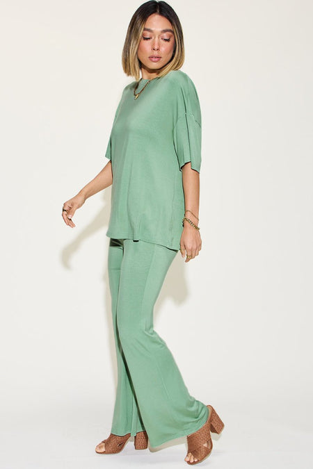 Basic Bae Full Size Bamboo Drop Shoulder T-Shirt and Flare Pants Set - Sleekdenim.com