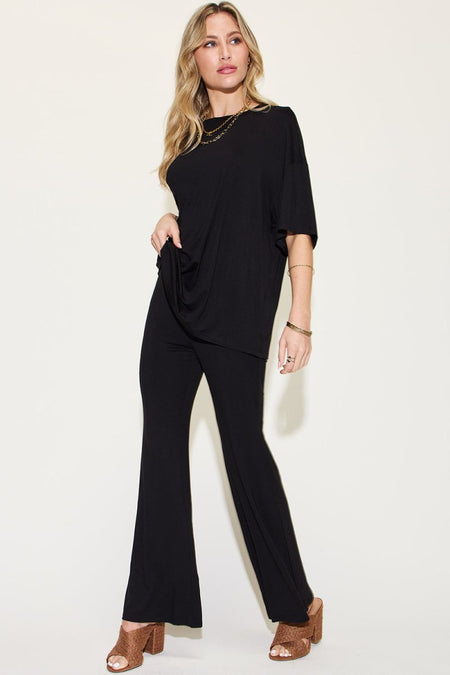 Basic Bae Full Size Bamboo Drop Shoulder T-Shirt and Flare Pants Set - Sleekdenim.com