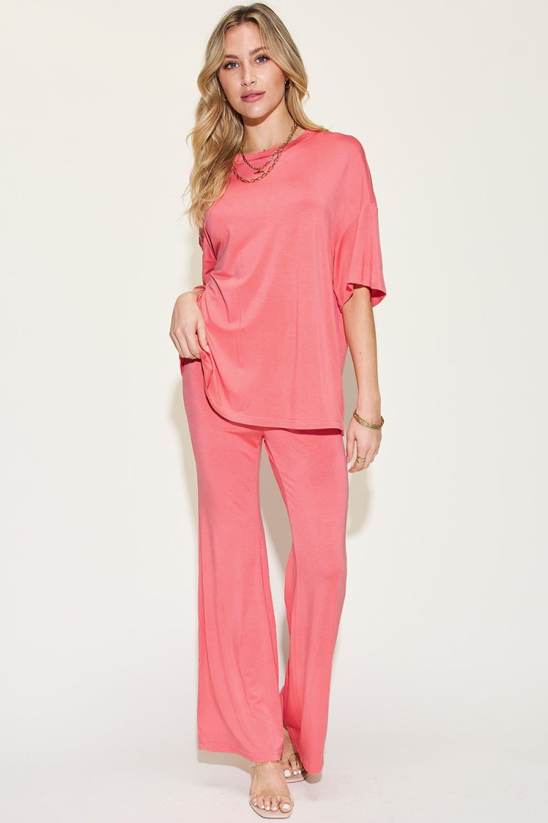 Basic Bae Full Size Bamboo Drop Shoulder T-Shirt and Flare Pants Set - Sleekdenim.com