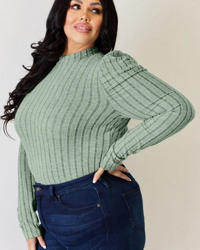 Basic Bae Full Size Ribbed Mock Neck Puff Sleeve T-Shirt - Sleekdenim.com