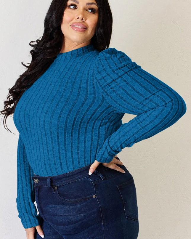 Basic Bae Full Size Ribbed Mock Neck Puff Sleeve T-Shirt - Sleekdenim.com