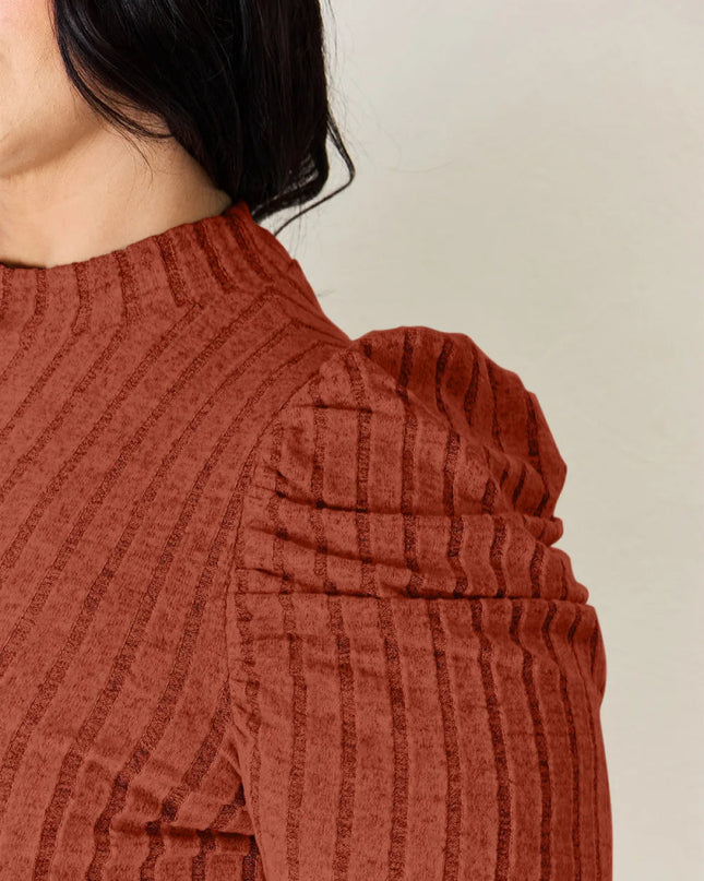 Basic Bae Full Size Ribbed Mock Neck Puff Sleeve T-Shirt - Sleekdenim.com