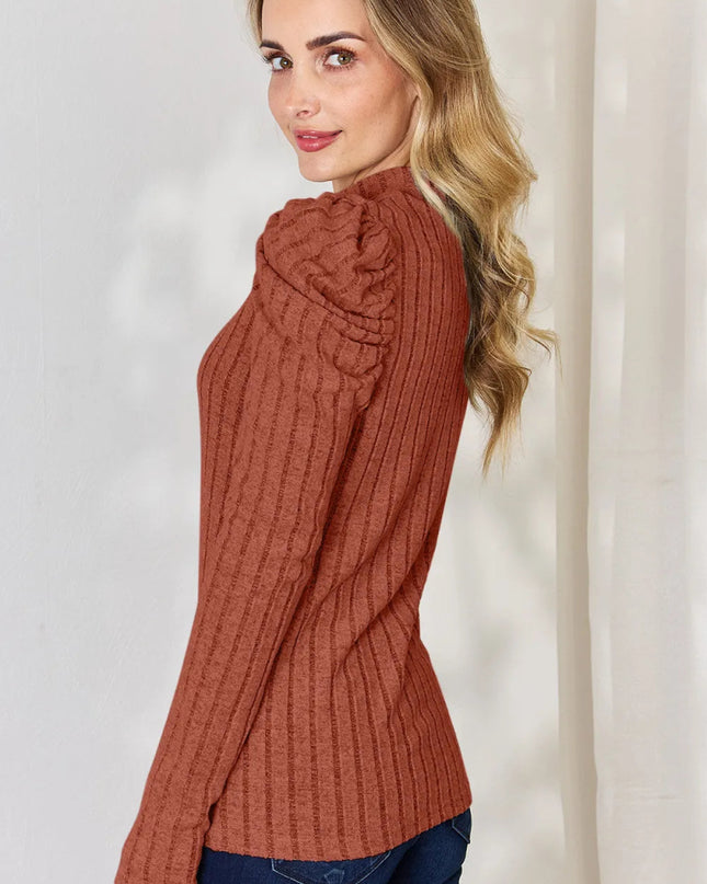 Basic Bae Full Size Ribbed Mock Neck Puff Sleeve T-Shirt - Sleekdenim.com