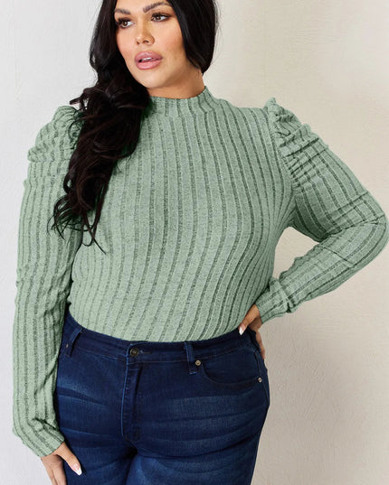 Basic Bae Full Size Ribbed Mock Neck Puff Sleeve T-Shirt - Sleekdenim.com