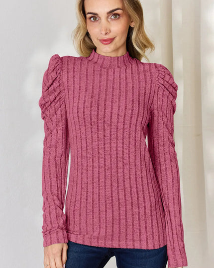 Basic Bae Full Size Ribbed Mock Neck Puff Sleeve T-Shirt - Sleekdenim.com