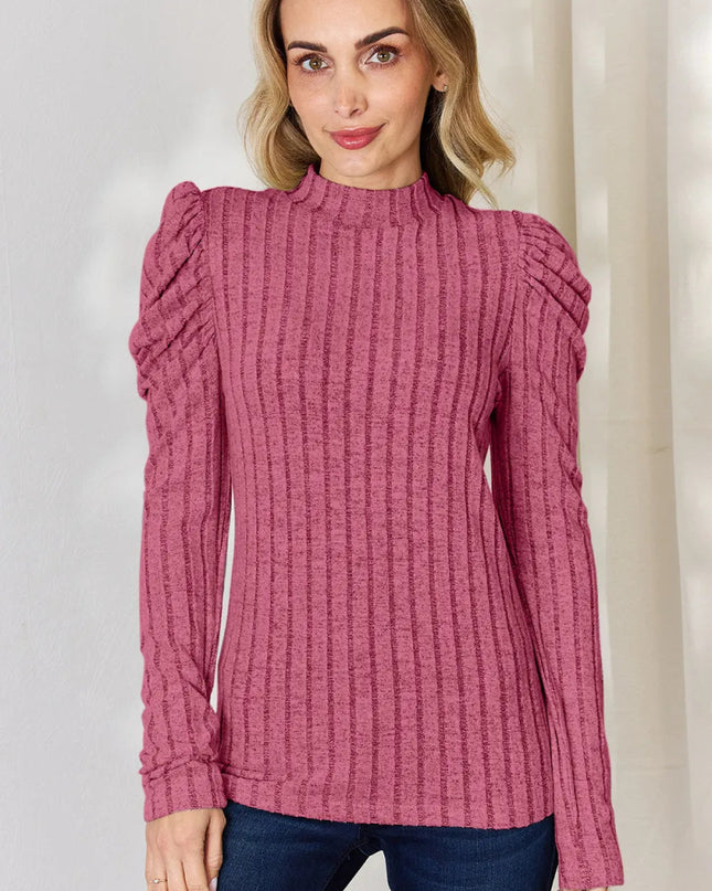 Basic Bae Full Size Ribbed Mock Neck Puff Sleeve T-Shirt - Sleekdenim.com