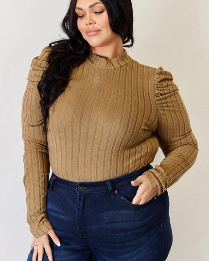 Basic Bae Full Size Ribbed Mock Neck Puff Sleeve T-Shirt - Sleekdenim.com