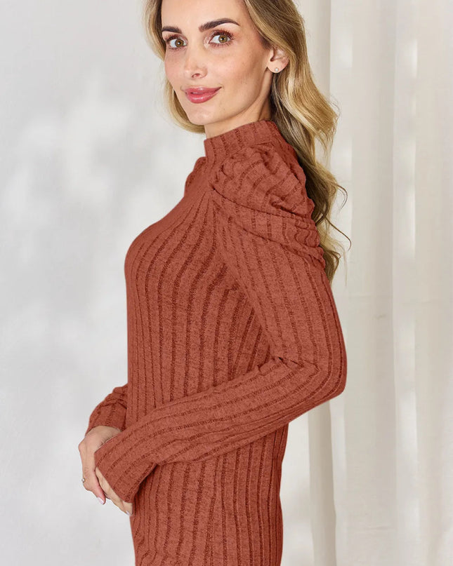 Basic Bae Full Size Ribbed Mock Neck Puff Sleeve T-Shirt - Sleekdenim.com