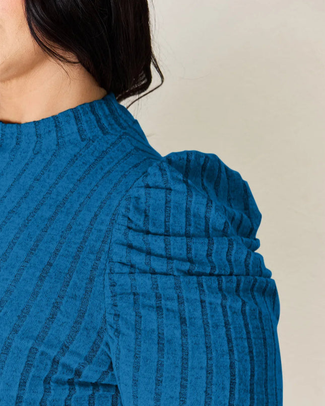 Basic Bae Full Size Ribbed Mock Neck Puff Sleeve T-Shirt - Sleekdenim.com