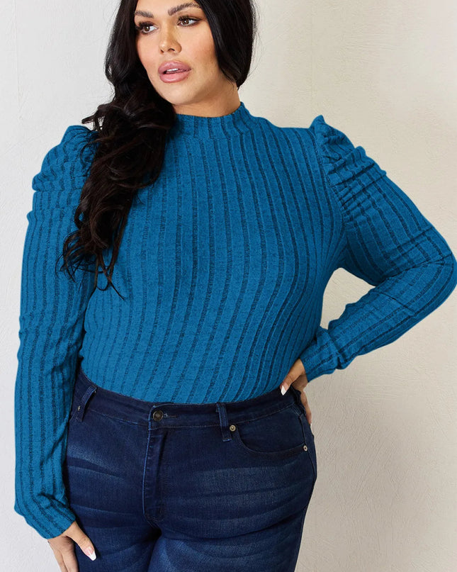 Basic Bae Full Size Ribbed Mock Neck Puff Sleeve T-Shirt - Sleekdenim.com