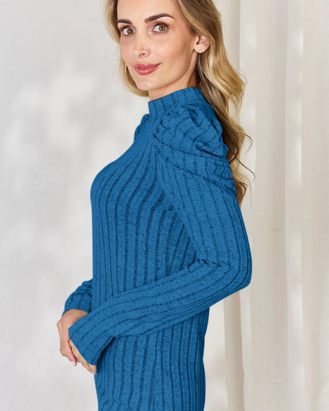 Basic Bae Full Size Ribbed Mock Neck Puff Sleeve T-Shirt - Sleekdenim.com