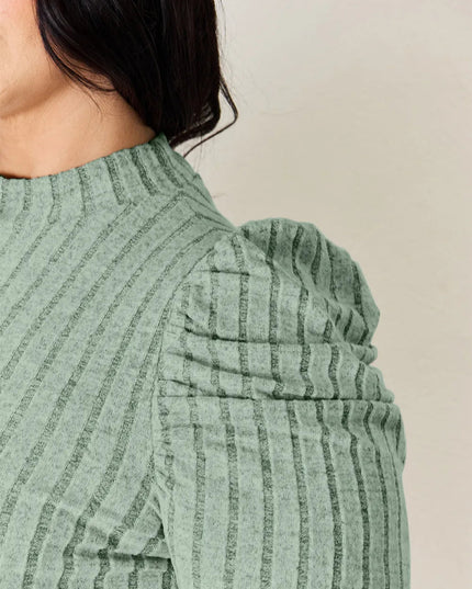 Basic Bae Full Size Ribbed Mock Neck Puff Sleeve T-Shirt - Sleekdenim.com