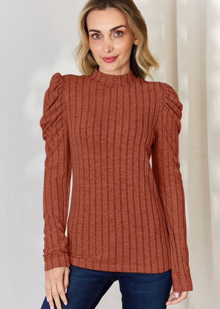 Basic Bae Full Size Ribbed Mock Neck Puff Sleeve T-Shirt - Sleekdenim.com