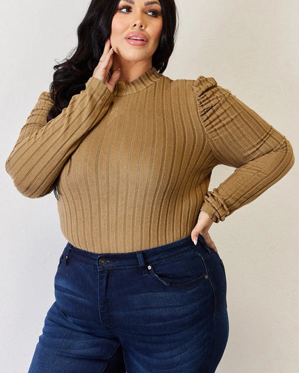 Basic Bae Full Size Ribbed Mock Neck Puff Sleeve T-Shirt - Sleekdenim.com