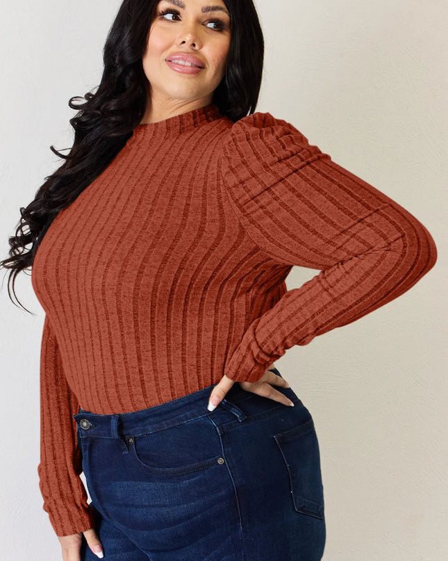 Basic Bae Full Size Ribbed Mock Neck Puff Sleeve T-Shirt - Sleekdenim.com