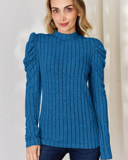 Basic Bae Full Size Ribbed Mock Neck Puff Sleeve T-Shirt - Sleekdenim.com