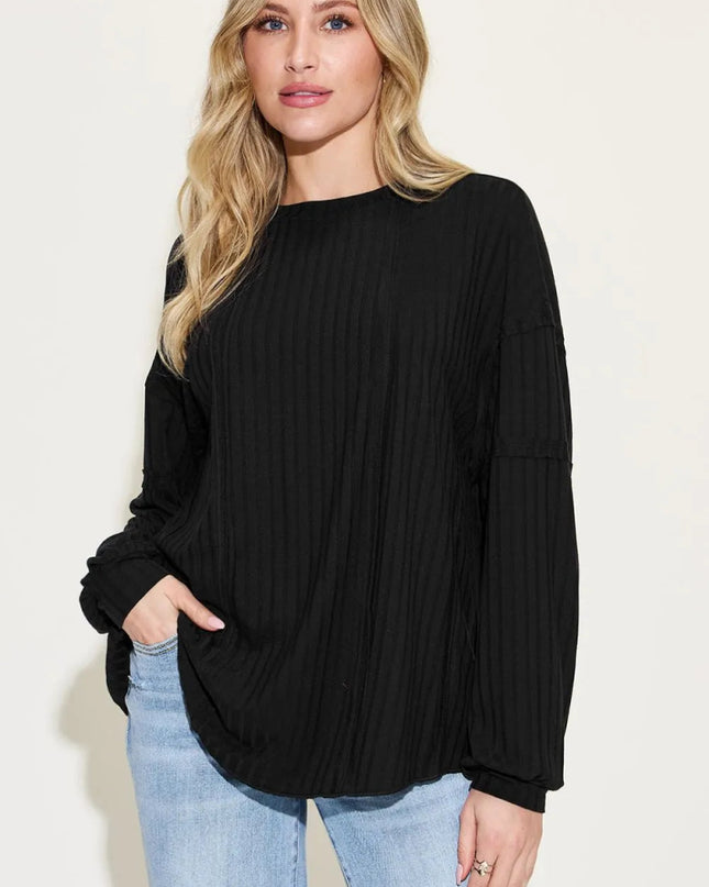 Basic Bae Full Size Ribbed Round Neck Long Sleeve T-Shirt - Sleekdenim.com