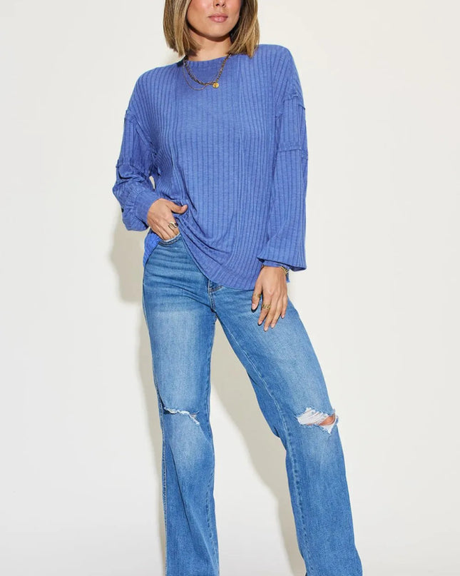 Basic Bae Full Size Ribbed Round Neck Long Sleeve T-Shirt - Sleekdenim.com